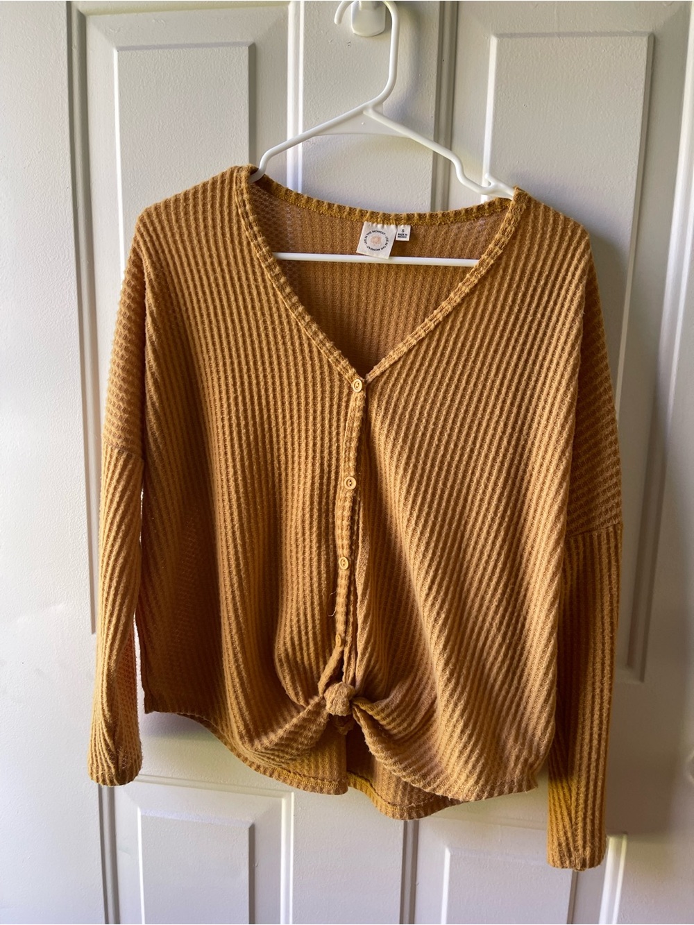 Rib-Knit V-Neck Button Front Sweater in Mustard